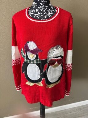 Holiday Time Red Penguin Appliqué Crewneck Sweater